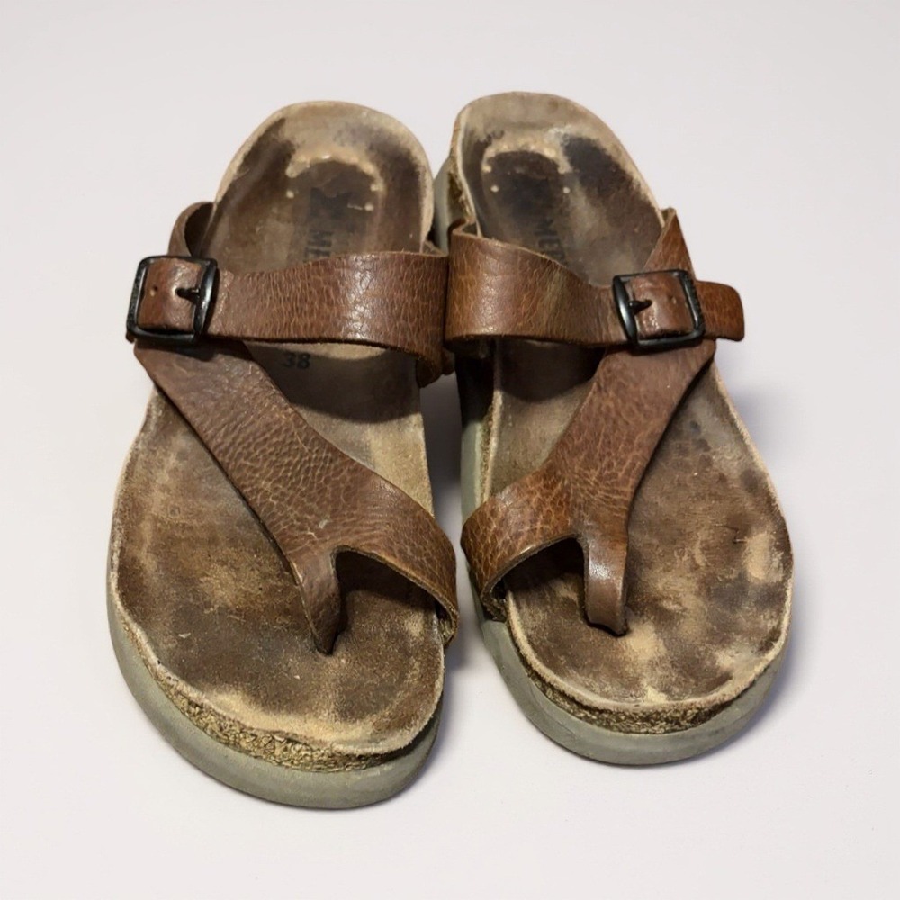 Mephisto Women Tan Leather Thong Buckle Cork‎ Footbed Sandals Size 38